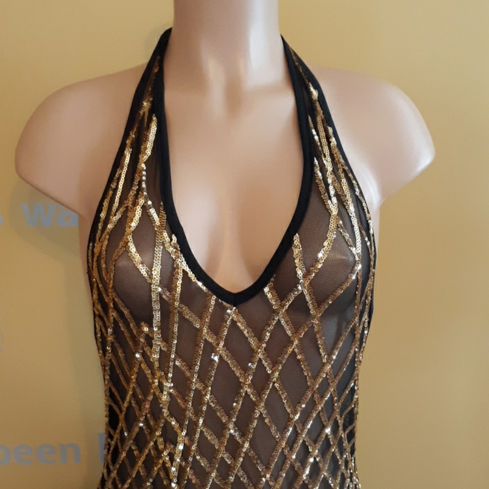 SOLD!!Sequins Sheer Halter Top Bodysuit Size Large - Picture 2 of 5